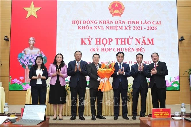 Руководители провинциального партийного комитета Лаокай поздравляют нового председателя Народного комитета провинции Нгуен Туан Аня. (Фото: ВИА)