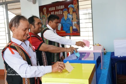 Многочисленные представители этнических меньшинств из бывшей революционной базы общины Гао (провинция Зялай) приходят голосовать с самого раннего утра. (Фото: ВИА)