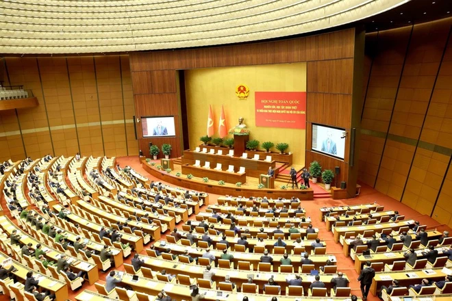 Общий вид национальной общеконференции, совместно организованной Политбюро и Секретариатом ЦК КПВ по усвоению реализации Резолюции XIV съезда КПВ, 7 февраля. Фото: ВИА.