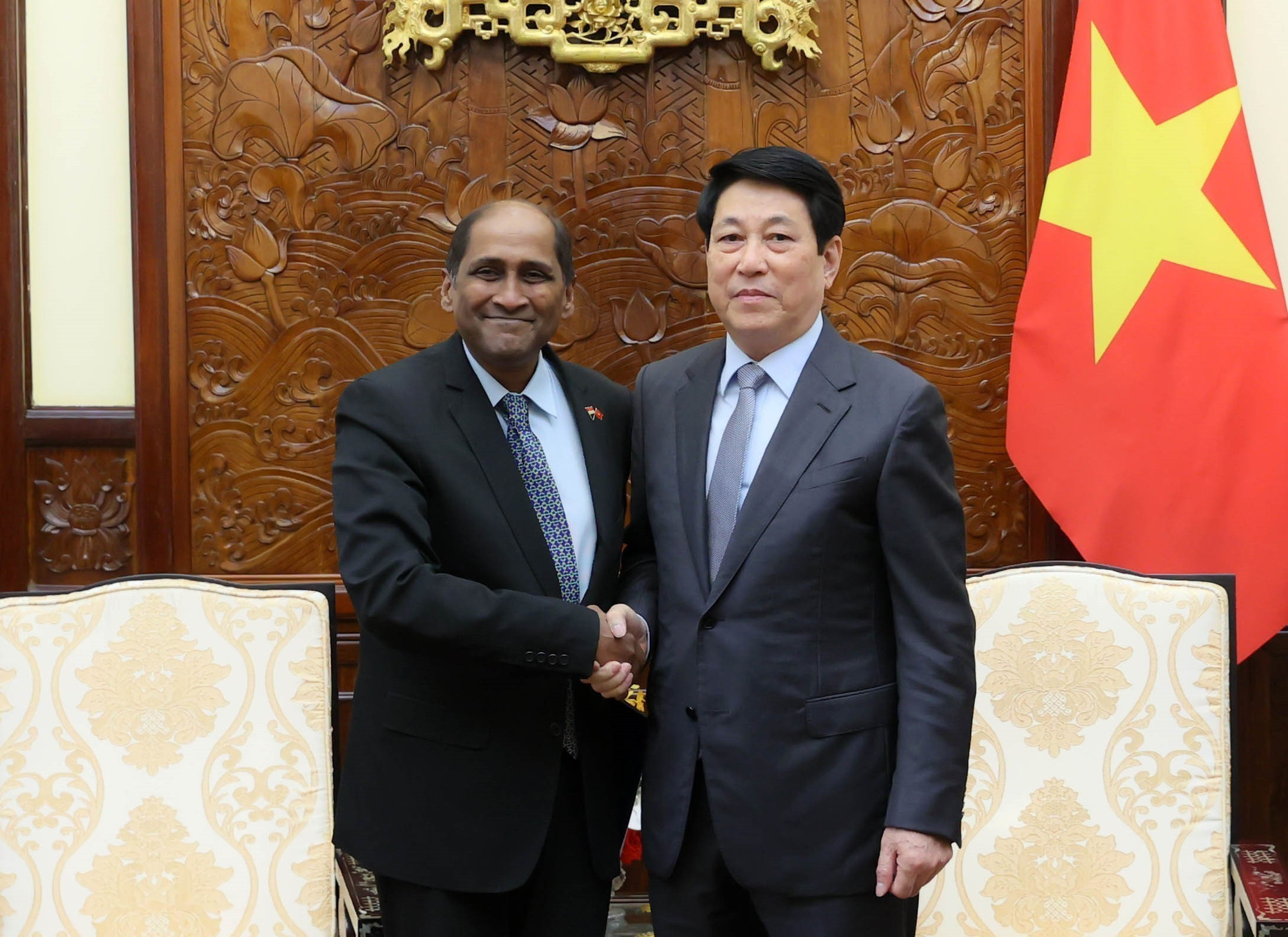 Президент Лыонг Кыонг принимает посла Сингапура Джаю Ратнама. Фото: ВИА. 2-vna-potal-chu-tich-nuoc-tiep-dai-su-singapore-8367420.jpg