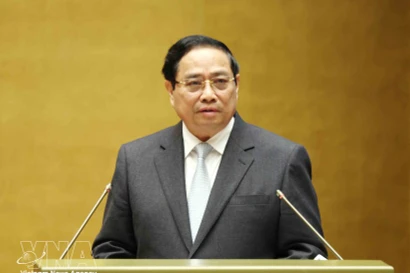 Премьер-министр Фам Минь Тьинь представляет программу действий по реализации Резолюции XIV съезда Партии на конференции 7 февраля. (Фото: ВИА)